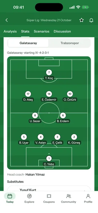 Line-up screen: the starting eleven on a pitch