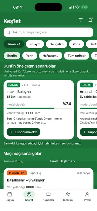 Keşfet ekranı: Kolay, Dengeli, Zor ve Banko filtreleri